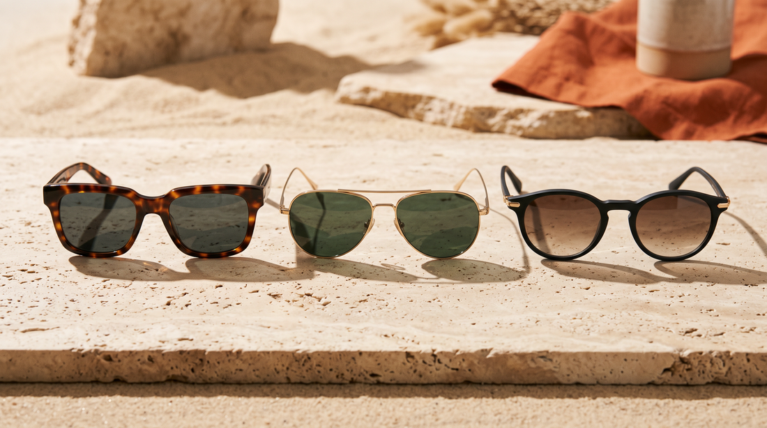 Trois formes de lunettes de soleil homme alignees sur une pierre de travertin