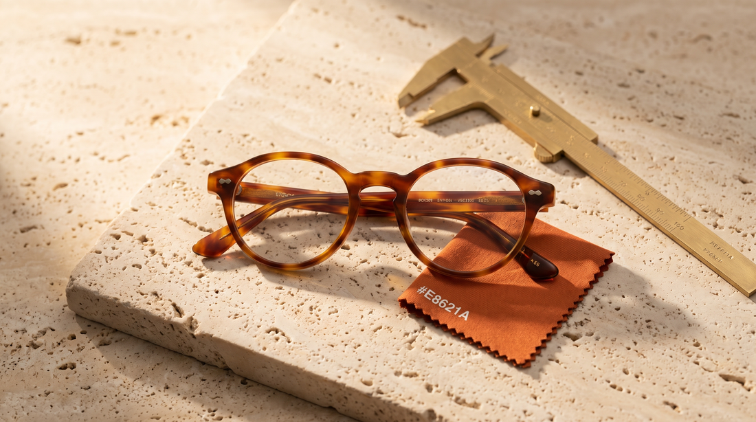 Lunettes de vue posees a plat pres d une regle pour mesurer la taille de la monture